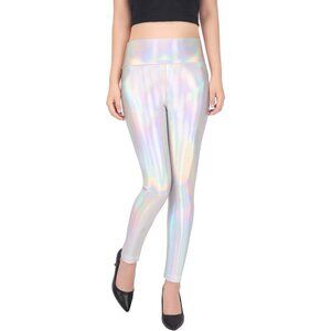 Women's Shiny Holographic Leggings Liquid Metallic Pants Iridescent Tights